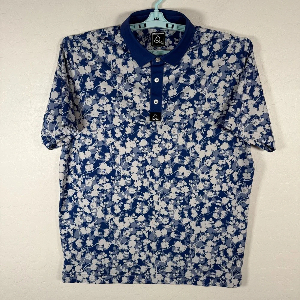 Deolax Polo Shirt Mens Large Blue White Golf Performance Stretch Floral Print - Picture 2 of 8
